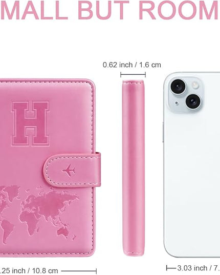 Passport Holder Cover Initail Letter A-Z Travel Wallet Embossed Design RFID Blocking Card Holder Personalized Gift Passport Cover Wallet, Passport Book Holders for Women and Girls, Pink-H