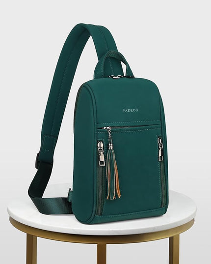 FADEON Sling Bag for Women, Crossbody Backpack with Tassels, Designer Leather Shoulder Chest Bags for Travel