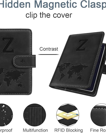 Passport Holder Cover Personalized Initial Letter A-Z Travel Wallet RFID Blocking Passport Cover Passport Book Holders for Women and Men,Black-Z