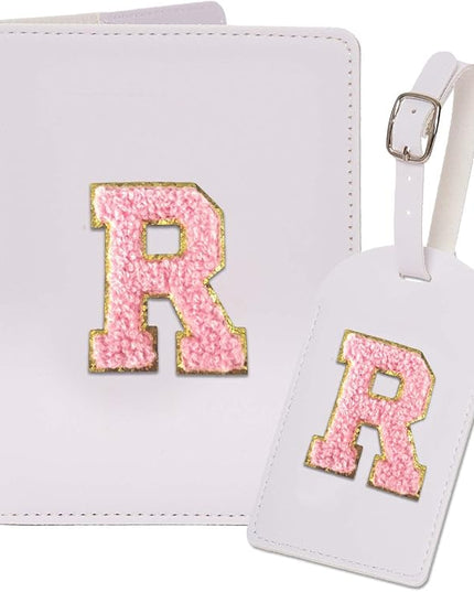ULICO Initial Passport Cover and Luggage Tag Set,PU Leather Letter Passport Case Holder Travel Suitcase Tag, Personalized Travel Luggage Accessories Gifts for Women Kids Teenage White R