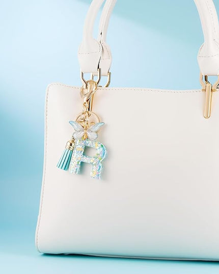 Fashion Alphabet Initial Letter Keychain Tassel Butterfly Pendant Key Ring for Purse Handbags Women Girl