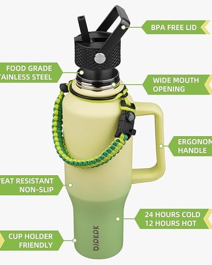 BJPKPK Insulated Water Bottles with Straw Lid, 35oz Metal Water Bottle with 2 lids & Paracord Strap, Double Wall Stainless Steel Tumbler with Handle, Reusable Cups, Mugs, Thermo, Fresh Green