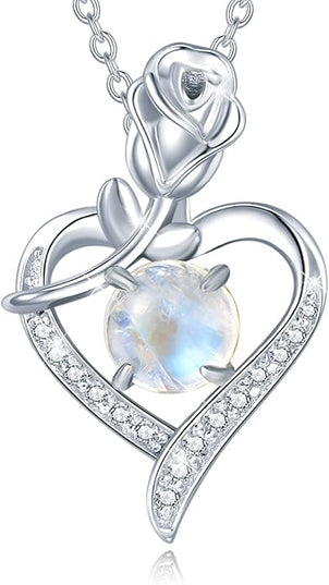 AGVANA Christmas Gifts Rosy Reverie Birthstone Necklace for Women Sterling Silver Genuine or Created Gemstone Rose Flower Heart Pendant Necklace Anniversary Birthday Gifts for Women Mom Wife Her