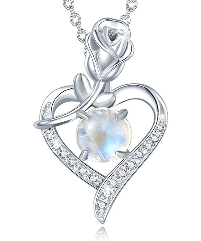 AGVANA Christmas Gifts Rosy Reverie Birthstone Necklace for Women Sterling Silver Genuine or Created Gemstone Rose Flower Heart Pendant Necklace Anniversary Birthday Gifts for Women Mom Wife Her
