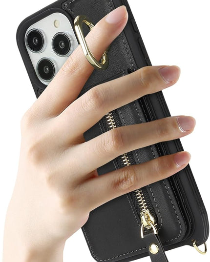 for iPhone 15 Pro Max Wallet Case with Card Holder, for iPhone 15 Pro Max Case Wallet with Strap Credit Card Slot, Crossbody Bag with Zipper Case for iPhone15 Pro Max - Black
