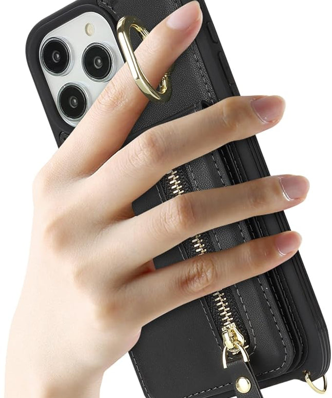 for iPhone 15 Pro Max Wallet Case with Card Holder, for iPhone 15 Pro Max Case Wallet with Strap Credit Card Slot, Crossbody Bag with Zipper Case for iPhone15 Pro Max - Black