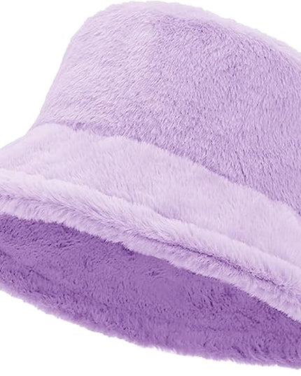 Women Plush Fluffy Bucket Hat Warm Lining Winter Faux Fur Cozy Wide Brim Winter
