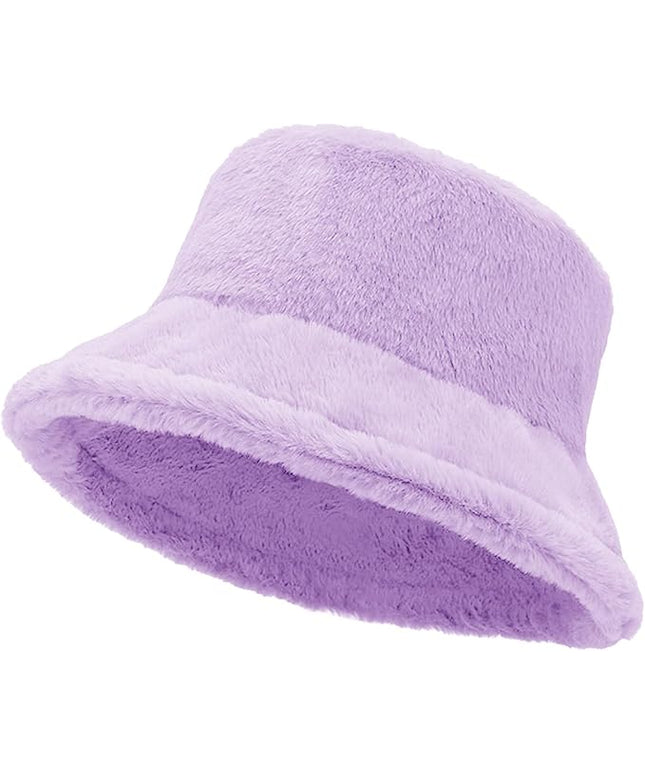 Women Plush Fluffy Bucket Hat Warm Lining Winter Faux Fur Cozy Wide Brim Winter