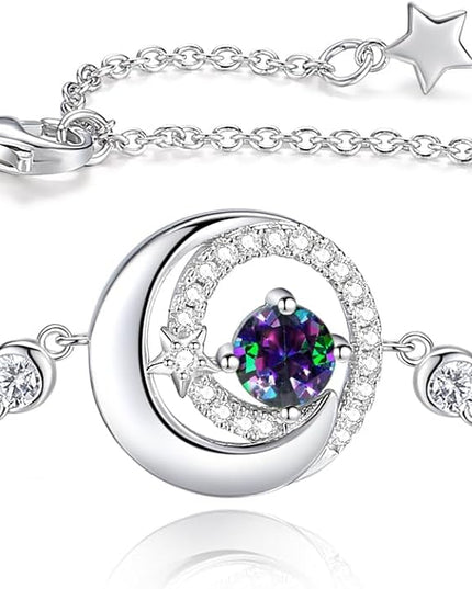 FANCIME Birthstone Bracelets 925 Sterling Silver Moon and Star Bangle Charm Bracelet Fine Jewelry Birthday Anniversary Christmas Day Gift for Her Women, Adjustable Chain 6.7"+1.2" Extend