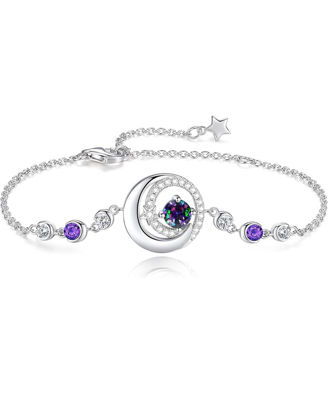 FANCIME Birthstone Bracelets 925 Sterling Silver Moon and Star Bangle Charm Bracelet Fine Jewelry Birthday Anniversary Christmas Day Gift for Her Women, Adjustable Chain 6.7"+1.2" Extend