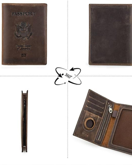 CONTACTS Full Grain Leather Airtag Passport Holder RFID Blocking Travel Passport Wallet Slim Passport Cover Case with 4 Card Slots, Coin Pocket with Badge