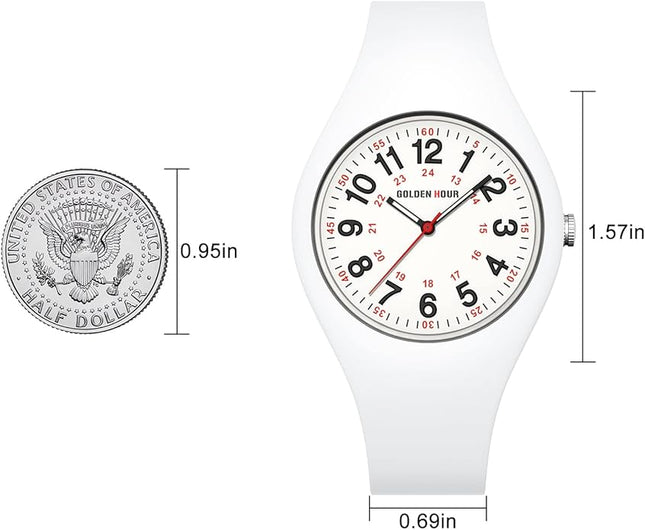 GOLDEN HOUR Waterproof Sports Analog Unisex Watches for Nurse Medical Professionals, Students - Military Time Glowing Easy to Read Dial, Jelly Silicone Strap