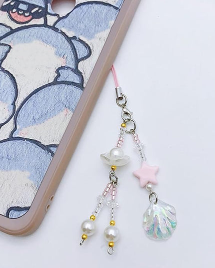 Beaded Phone Strap Charm Shell Pendant Keychain for Women, Holographic Shell Beads Cellphone Chain Lanyard Accessory for Bags and Keys, Fresh Summer Design Phone Charm Decor