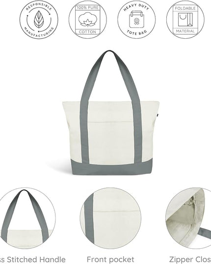 Eco Right Canvas Tote Bag for Women with Zip & Inner Pocket, 100% Organic Cotton Tote Bags for Men, Shopping, Beach