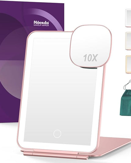 LED Foldable Travel Makeup Mirror - 5x7 inches 3 Colors Light Modes USB Rechargeable Touch Screen, Portable Tabletop Cosmetic for Travel, Cosmetic, Office (Rose Gold)