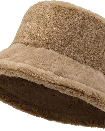 Women Plush Fluffy Bucket Hat Warm Lining Winter Faux Fur Cozy Wide Brim Winter