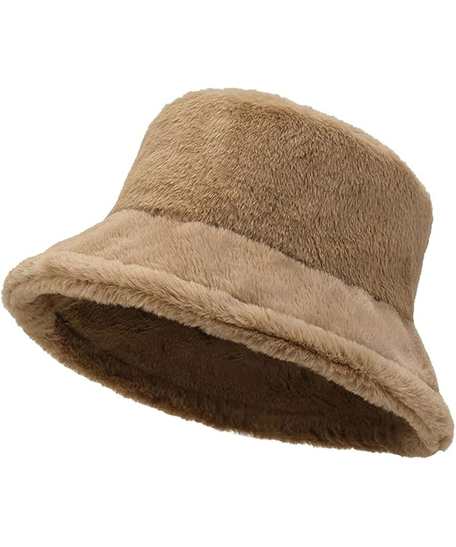 Women Plush Fluffy Bucket Hat Warm Lining Winter Faux Fur Cozy Wide Brim Winter