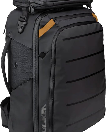 Käydä 44L Travel Backpack - Spacious Carry On Backpack with Detachable Travel Pouch, Magnetic Water Bottle Pocket, Passport and Laptop Pocket - Convertible Boot Bag for Snow Sports (Black/Gold)