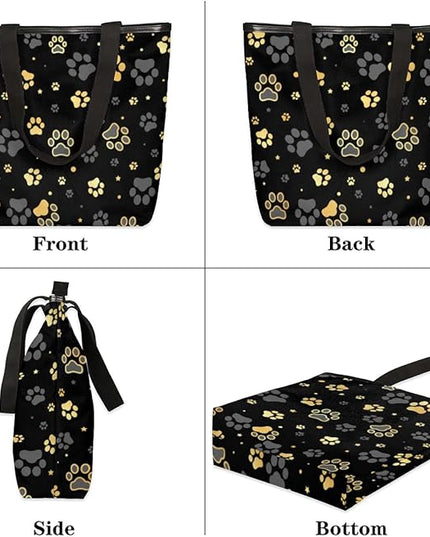 Pardick Black Paw Printed Canvas Tote Bag, Eco Friendly Cute Reusable Grocery Shopping Bags Beach Bag Book Tote Handbags Washable Shoulder Bags With Zipper Inner Pocket for Women Girls