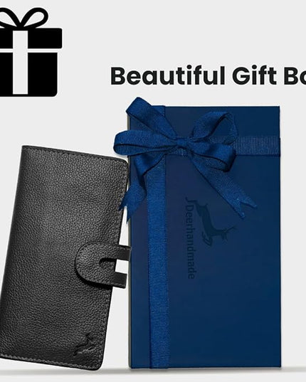DEERHANDMADE womens wallet (Holds 15-18 Cards, 4 Flat Pockets, 1 ID Windows) Genuine Leather clutch purses for women | Slim long wallets for women | rfid blocking wallet (black wallet)