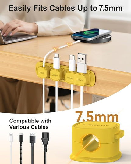 6 Pack Magnetic Cable Clips [1s Open/Lock], Laitver Cord Organizer Holder Strong Adhesive Desk Cable Management- Organize Charging Cords Neatly for Home, Office, Car,Desk, Nightstand-Yellow
