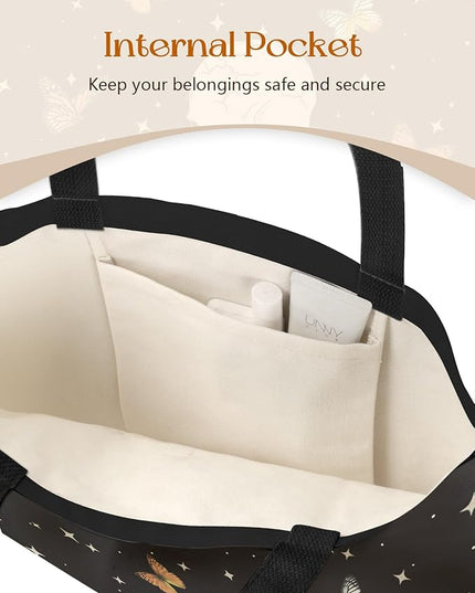 Canvas Tote Bag with Pockets - Aesthetic Reusable Totes for Women Ladies Cute Printed Cloths Canvas Shoulder Bag