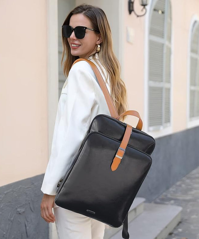CLUCI Leather Backpack for Women, 15.6 inch Laptop Bag, Large Genuine Work Backpack Travel Back