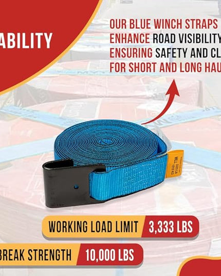 Mytee Products 2" x30' Winch Straps w/Flat Hook - 3333lbs WLL - Blue Heavy Duty 2 Inch Cargo Control Tie Down Straps for Flatbed Truck Utility Trailer