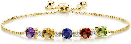 Gem Stone King 5.26 Cttw Customized Personalized 5-Stone Tennis Bracelet For Women | 18K Yellow Gold Plated Silver | Gemstone Birthstone | Adjustable Bolo Bracelet For Women | Easy-On Easy-Off