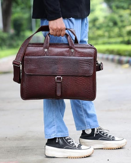 Crocodile Embossed leather bag for men, 5 Zipper Pockets with Spacious Compartments.,12 x 16 x 4 inches.