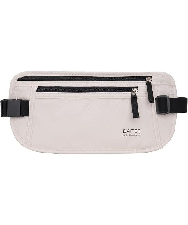 PU Leather Money Belt - Passport Holder Secure Hidden Travel Wallet with RFID Blocking, Undercover Fanny Pack(White)