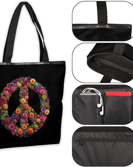 Pardick Canvas Tote Bags, Peace Symbol Flower Tote Bag Eco Friendly Reusable Grocery Shopping Bagsfor Beach, Books, Women with Zipper Inner Pocket
