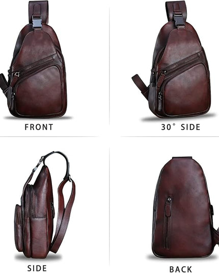 Genuine Leather Sling Bag Crossbody Purse Handmade Hiking Daypack Motorcycle Bag Retro Shoulder Backpack Vintage Chest Bag (Coffee)