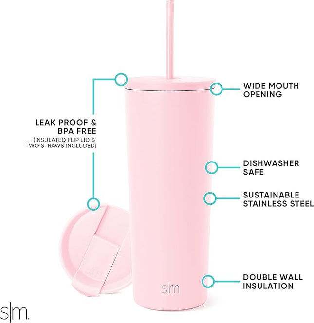 Simple Modern Insulated Tumbler with Lid and Straw | Iced Coffee Cup Reusable Stainless Steel Water Bottle Travel Mug | Gifts for Women Men Her Him | Classic Collection | 24oz | Blush