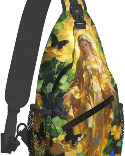 Our Lady of Guadalupe Sling Bag Crossbody Bags Clovers Chest Bag for Travel Hiking for Men Women Golden Mary 9