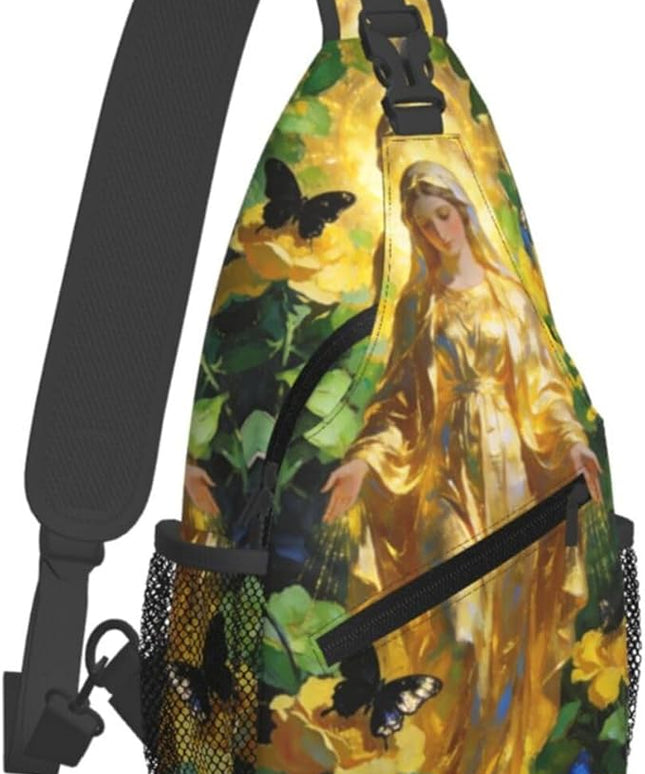 Our Lady of Guadalupe Sling Bag Crossbody Bags Clovers Chest Bag for Travel Hiking for Men Women Golden Mary 9