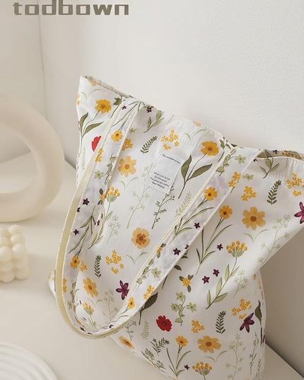 Floral Cotton Canvas Tote Bag for Women: 14x15 Inches Reusable Grocery Bag for Work, School, Travel, Gym