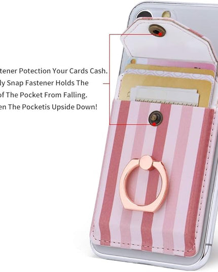 RFID Ring Stand Stick on Wallet Card Holder for Back of Phone for iPhone Android and All Smartphones Adhesive Credit Card Holder for Cell Phone-Pink Striped