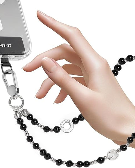 MAGEASY Beaded Phone Charm for Women - Cell Phone Wrist Strap with Teather Tab, Designed for iPhone & Android Phones, Keychain, Camera - Onyx Bloom