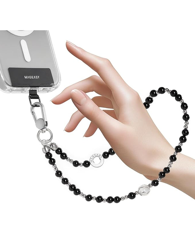 MAGEASY Beaded Phone Charm for Women - Cell Phone Wrist Strap with Teather Tab, Designed for iPhone & Android Phones, Keychain, Camera - Onyx Bloom
