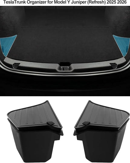 for Tesla Trunk Storage Bins Model Y Juniper 2026 2025 Refresh Rear Organizer with Lid Trunk Side Storage Box Model Y Interior Accessories TPE Waterproof Cargo Storage Bins Black 2PCS