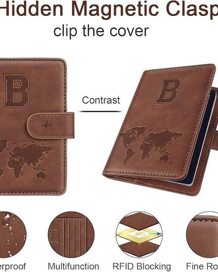 Passport Holder Wallet Cover Personalized Letter A-Z Travel Wallet RFID Blocking Passport Cover Wallet Case for Travel Passport Book Holders for Women and Men, Brown-B