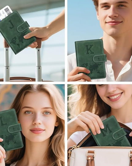 Personalized M Passport Holder Cover Initial Letter Travel Wallet RFID Blocking Passport Cover Credit Card Holder Case Passport Book Holders for Women and Men, Pine Green-M