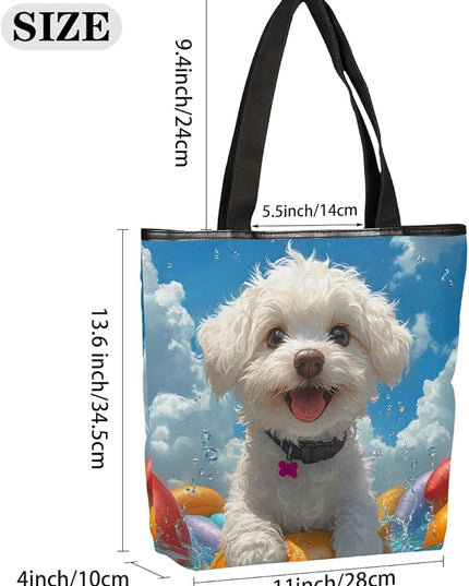 Pardick Summer Surfing Dogs Canvas Tote Bag, Eco Friendly Reusable Grocery Shopping Bags Beach Bag Book Tote Handbags Washable Shoulder Bag With Zipper Inner Pocket for Women Girls