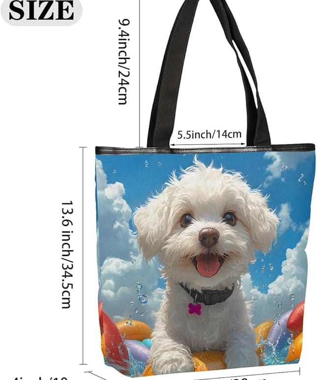 Pardick Summer Surfing Dogs Canvas Tote Bag, Eco Friendly Reusable Grocery Shopping Bags Beach Bag Book Tote Handbags Washable Shoulder Bag With Zipper Inner Pocket for Women Girls