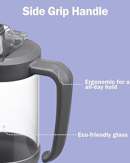 32oz Glass Water Bottle, 2-in-1 Straw and Sip Spout Lid, Leakproof Wide Mouth Tumbler with Handle, BPA-Free Reusable Bottle for Sports, Office, Outdoor, Grey