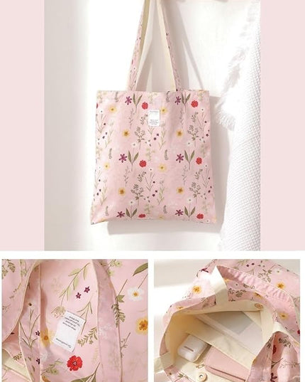 Floral Cotton Canvas Tote Bag for Women: 14x15 Inches Reusable Grocery Bag for Work, School, Travel, Gym