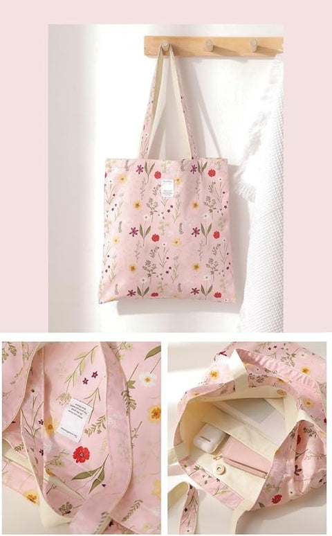 Floral Cotton Canvas Tote Bag for Women: 14x15 Inches Reusable Grocery Bag for Work, School, Travel, Gym