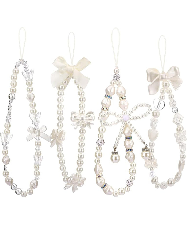 Draupnir 4pcs Phone Charms Strap, Butterfly Bow Camera Strap Wrist Beaded Phone Bracelet Wrist Straps, Pearl Bracelet Lanyard Keychain Charm for Women