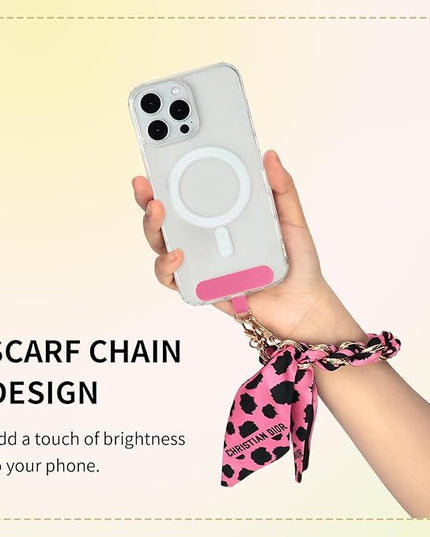 Fycyko Phone Wrist Strap with Gold Metal Scarf and Universal Tether Tab, Aesthetic Print Design Ribbon Chain, Multi-Purpose Accessories for Bag Key Cellphone for Men Women Girls-Hot Pink Leopard